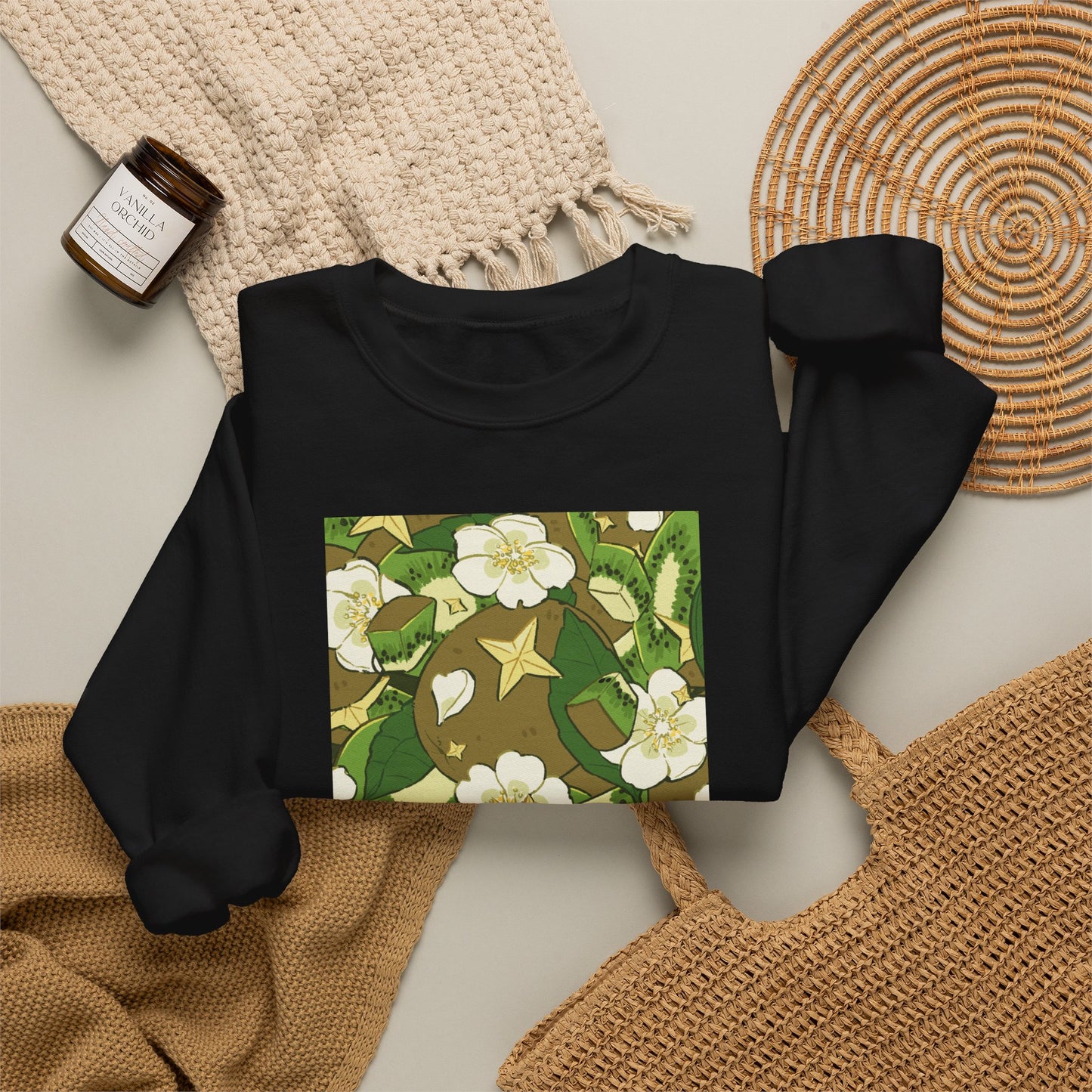 Crewneck Sweatshirt — "Kiwi Jam" Floral Music Player Graphic