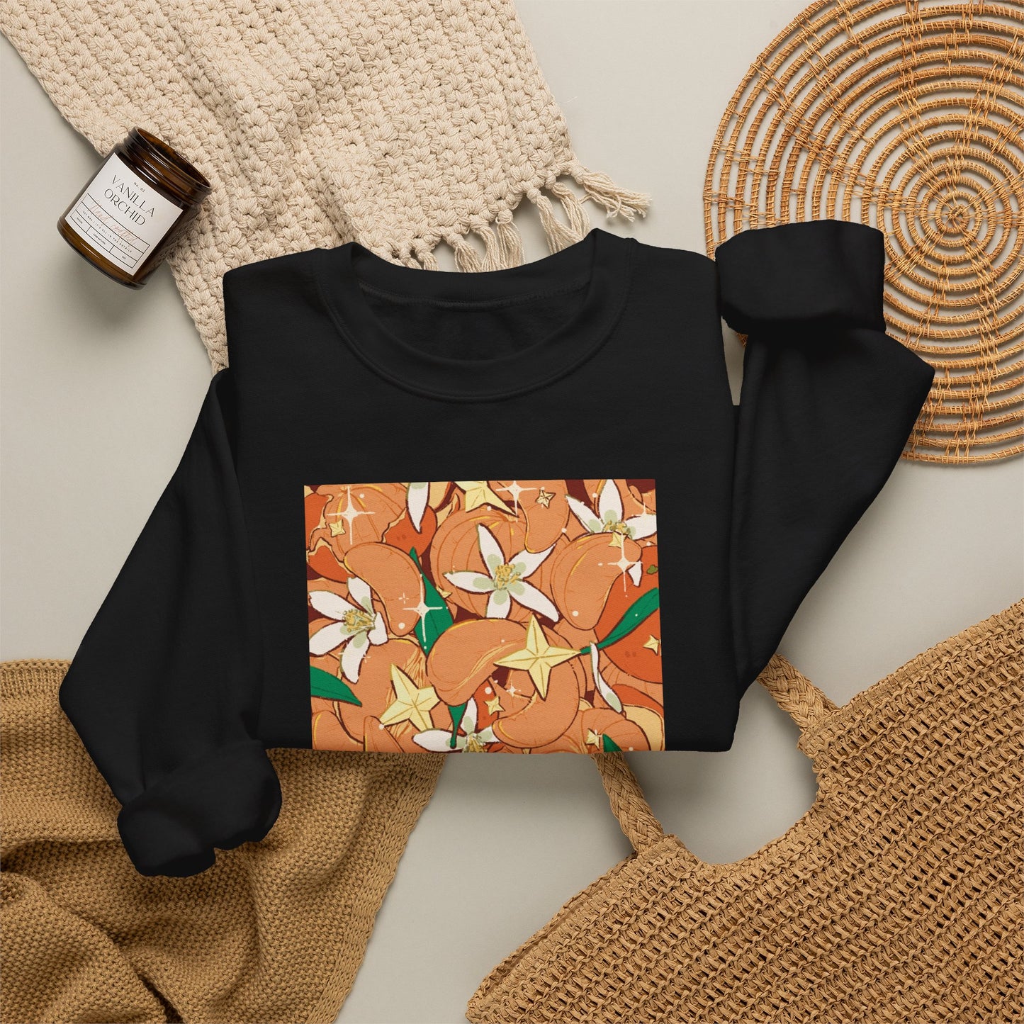 Tangerine Jam Crewneck Sweatshirt — Floral Citrus Music Player Design