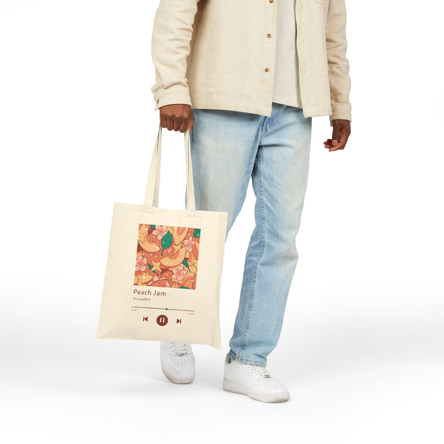 Peach Jam Tote Bag — Retro Music Player Canvas Grocery & Book Tote