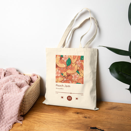 Peach Jam Tote Bag — Retro Music Player Canvas Grocery & Book Tote