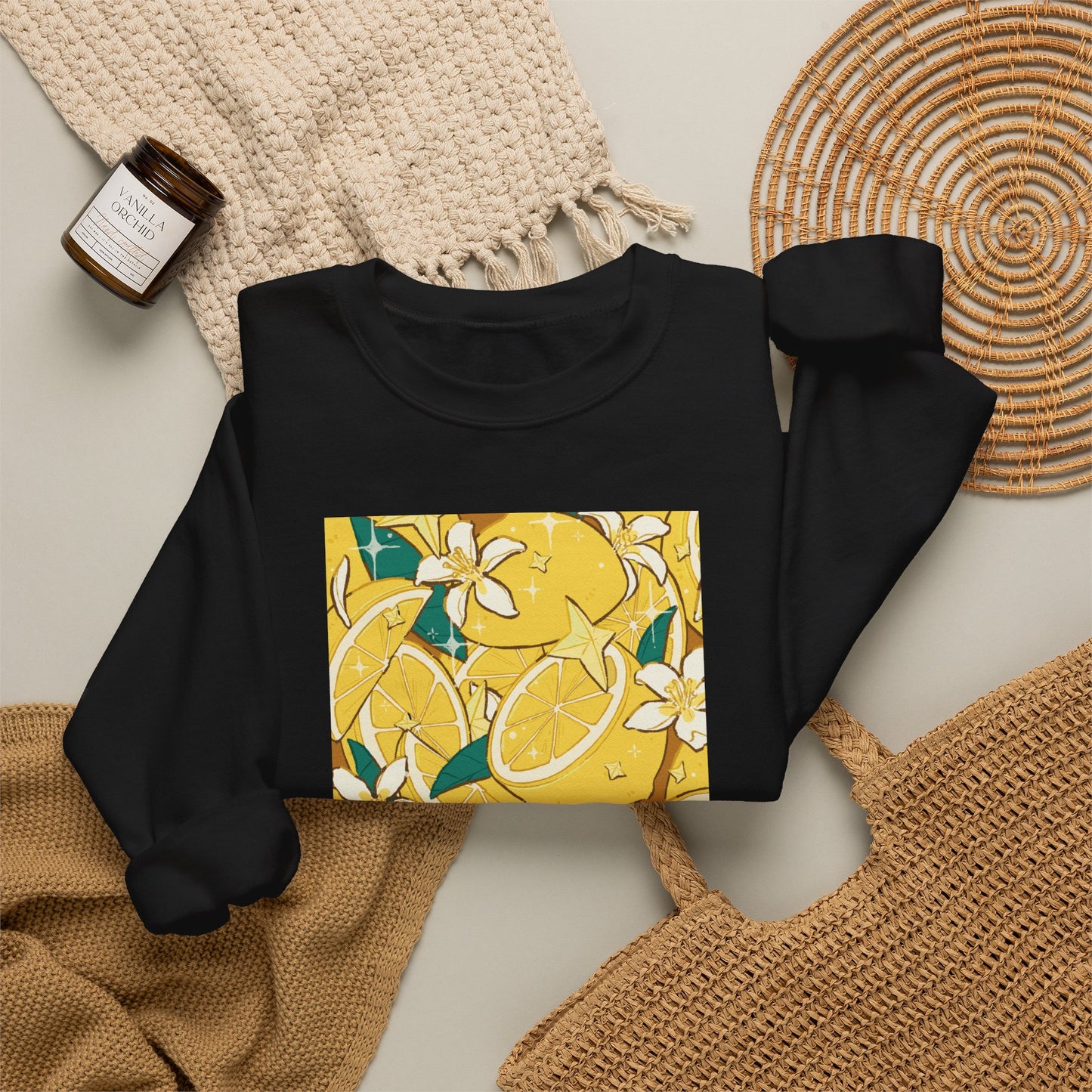 Lemon Jam Crewneck Sweatshirt — Citrus Floral Music Player Graphic
