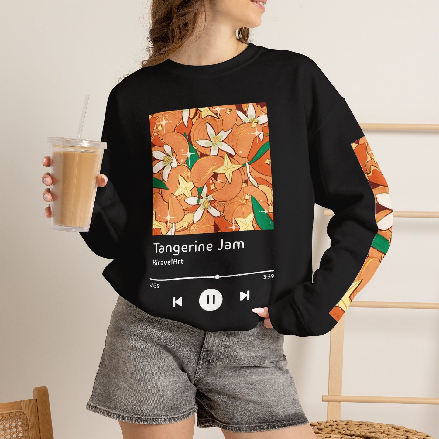 Tangerine Jam Crewneck Sweatshirt — Floral Citrus Music Player Design