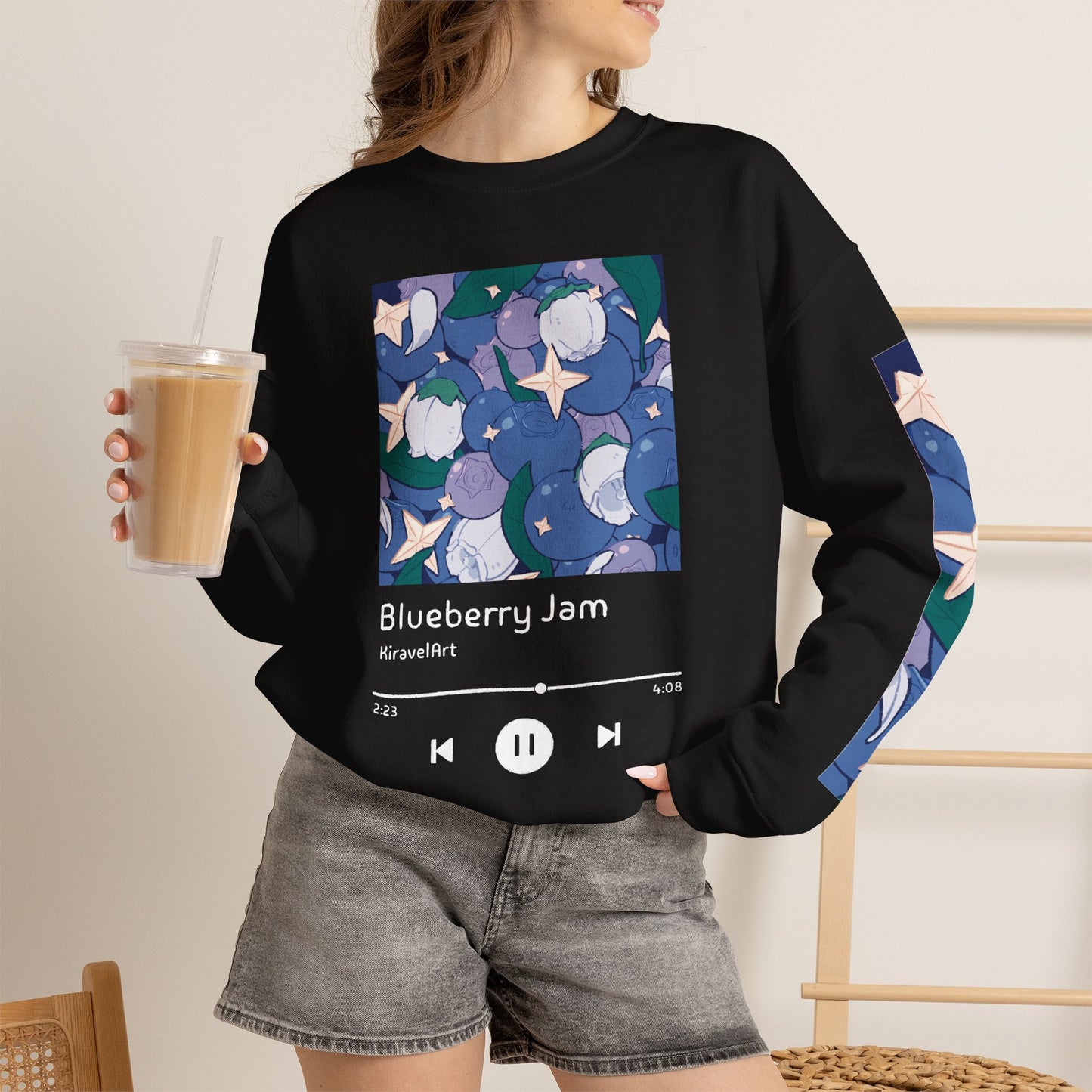Blueberry Jam Graphic Crewneck Sweatshirt | Floral Sleeve Music Track Design