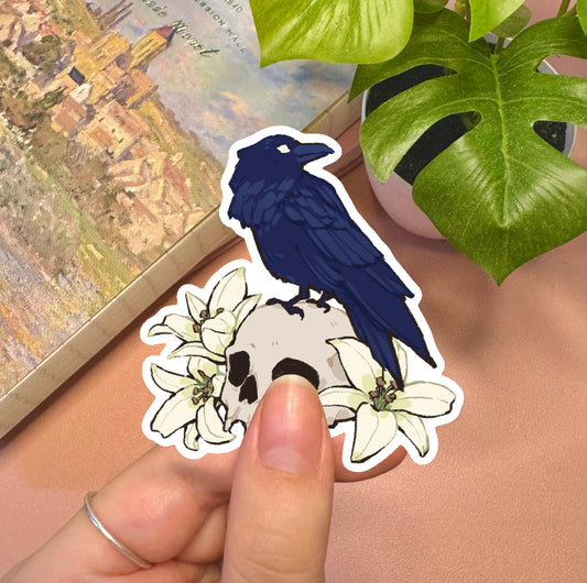 Floral Raven Skull Vinyl Sticker